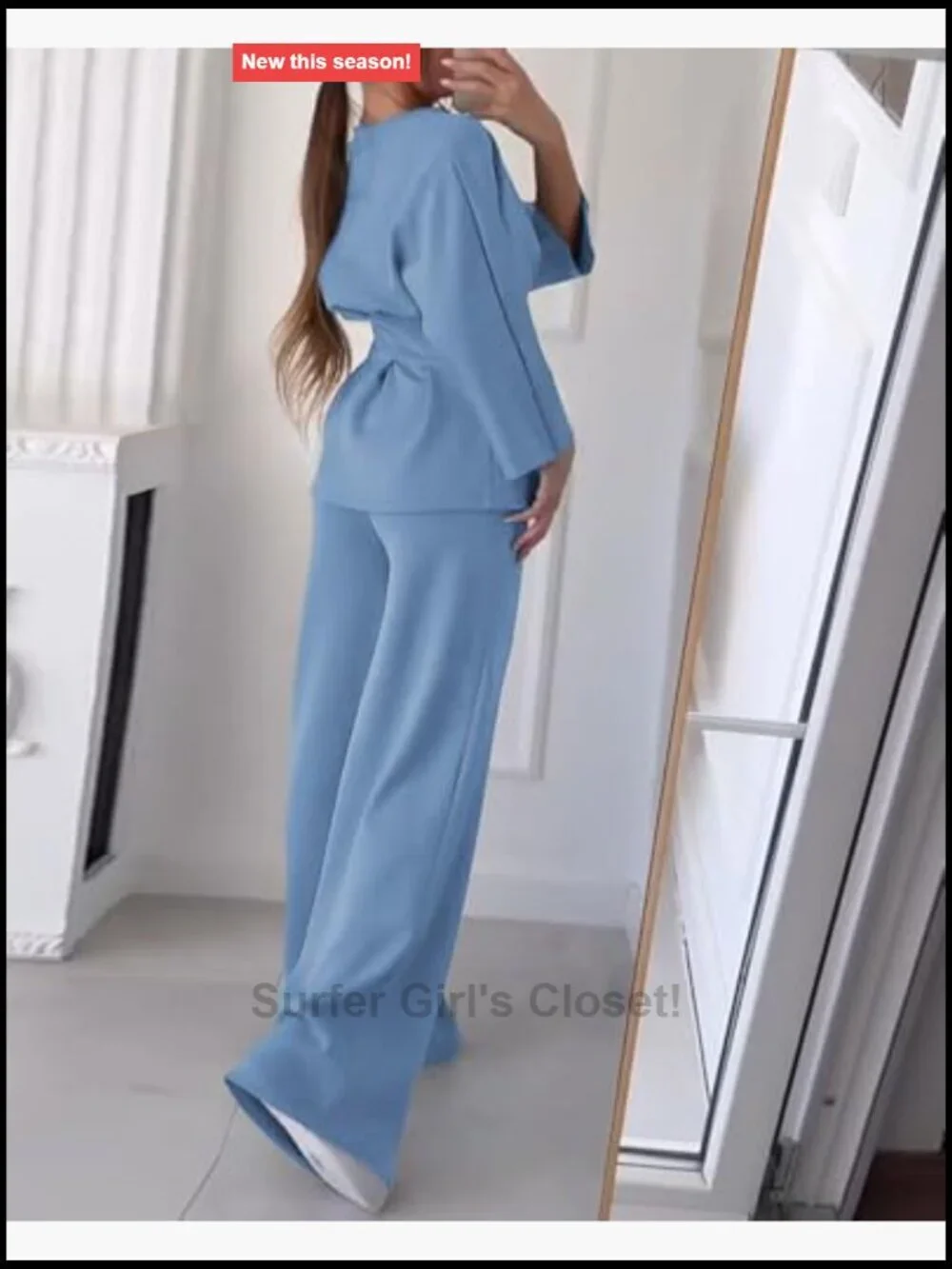 Women's 2 Piece Outfits Long Sleeve Ruched Top Wide Leg Pants Set Business